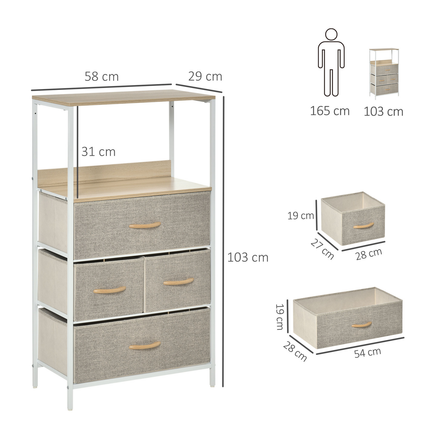 HOMCOM 4 Drawer Storage Chest Unit - Stylish Cabinet with Shelves for Living Room, Bedroom & Entryway - White & Light Grey - BEYRUN