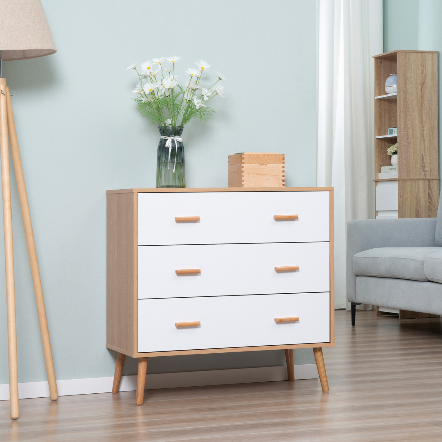 HOMCOM Chest of Drawers with 3 Drawers, White and Natural Bedroom Cabinet | Stylish Storage Organizer for Living Room - BEYRUN