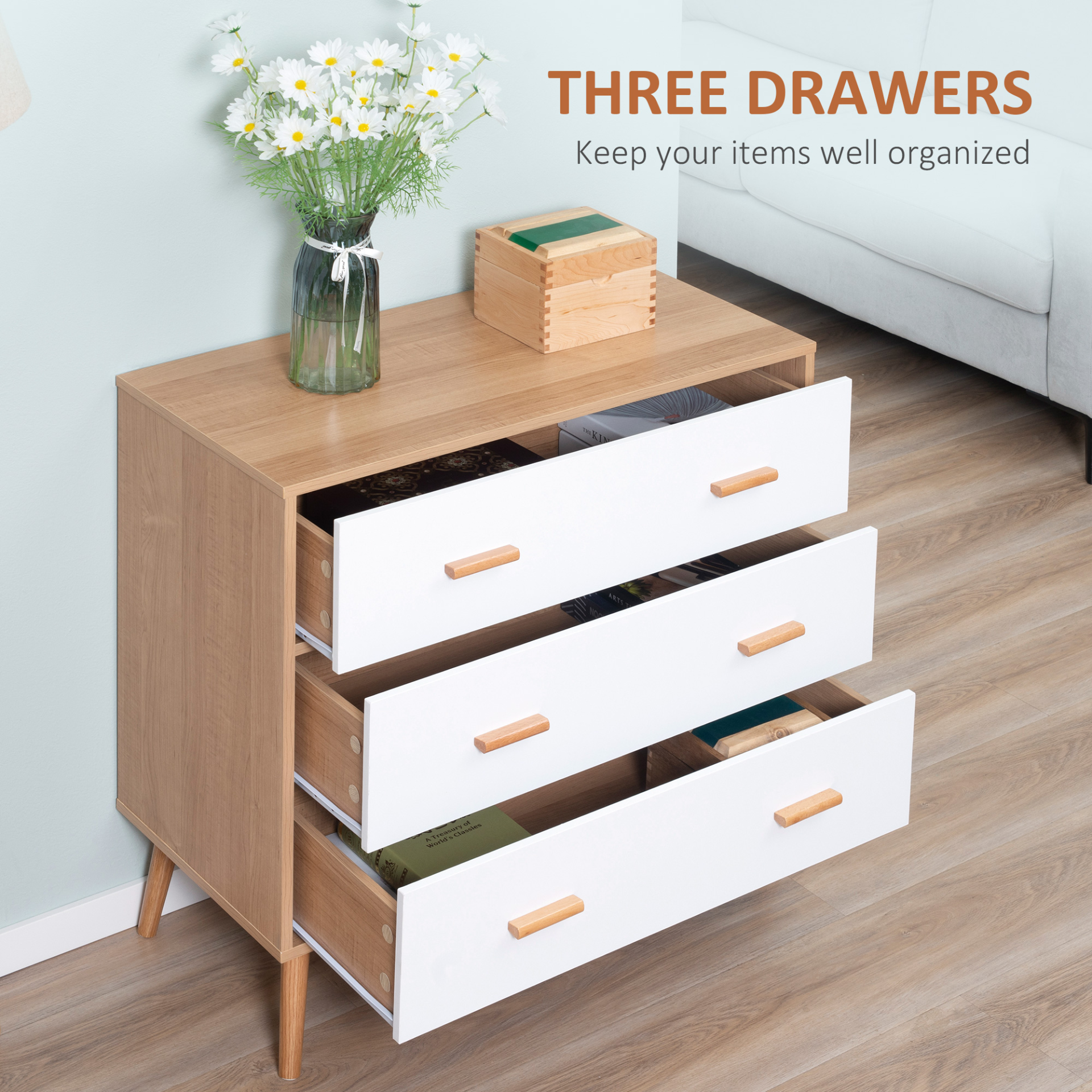 HOMCOM Chest of Drawers with 3 Drawers, White and Natural Bedroom Cabinet | Stylish Storage Organizer for Living Room - BEYRUN