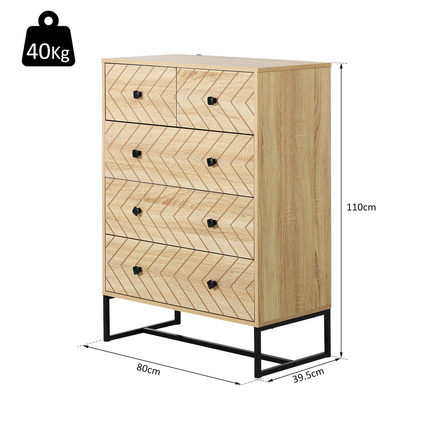 HOMCOM 5 Drawer Chest Sideboard Cabinet - Zigzag Design, Anti-Tip, Sturdy Storage Unit - BEYRUN