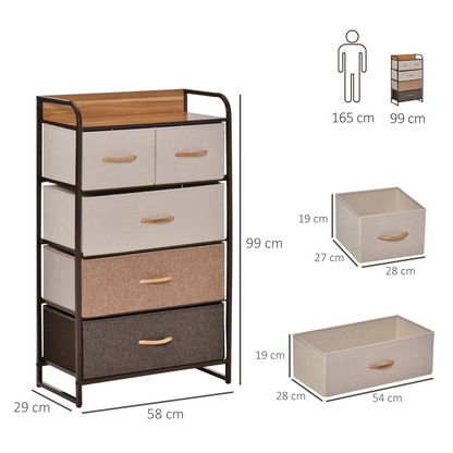 HOMCOM 5-Drawer Dresser Tower with Steel Frame & Wooden Top - Large Capacity Storage Organizer for Bedroom, Hallway & Closets - BEYRUN