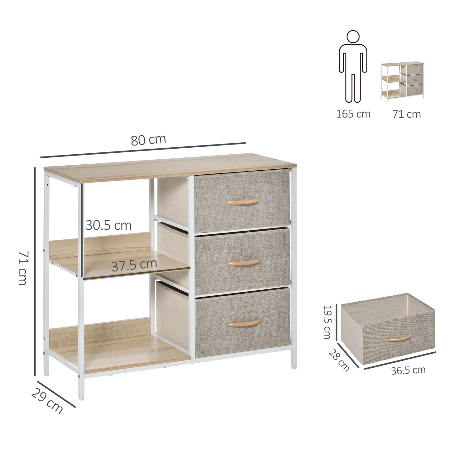 HOMCOM Beige Chest of Drawers Storage Dresser Cabinet Organizer - 3 Fabric Drawers & 2 Display Shelves for Living Room, Bedroom, Hallway - BEYRUN