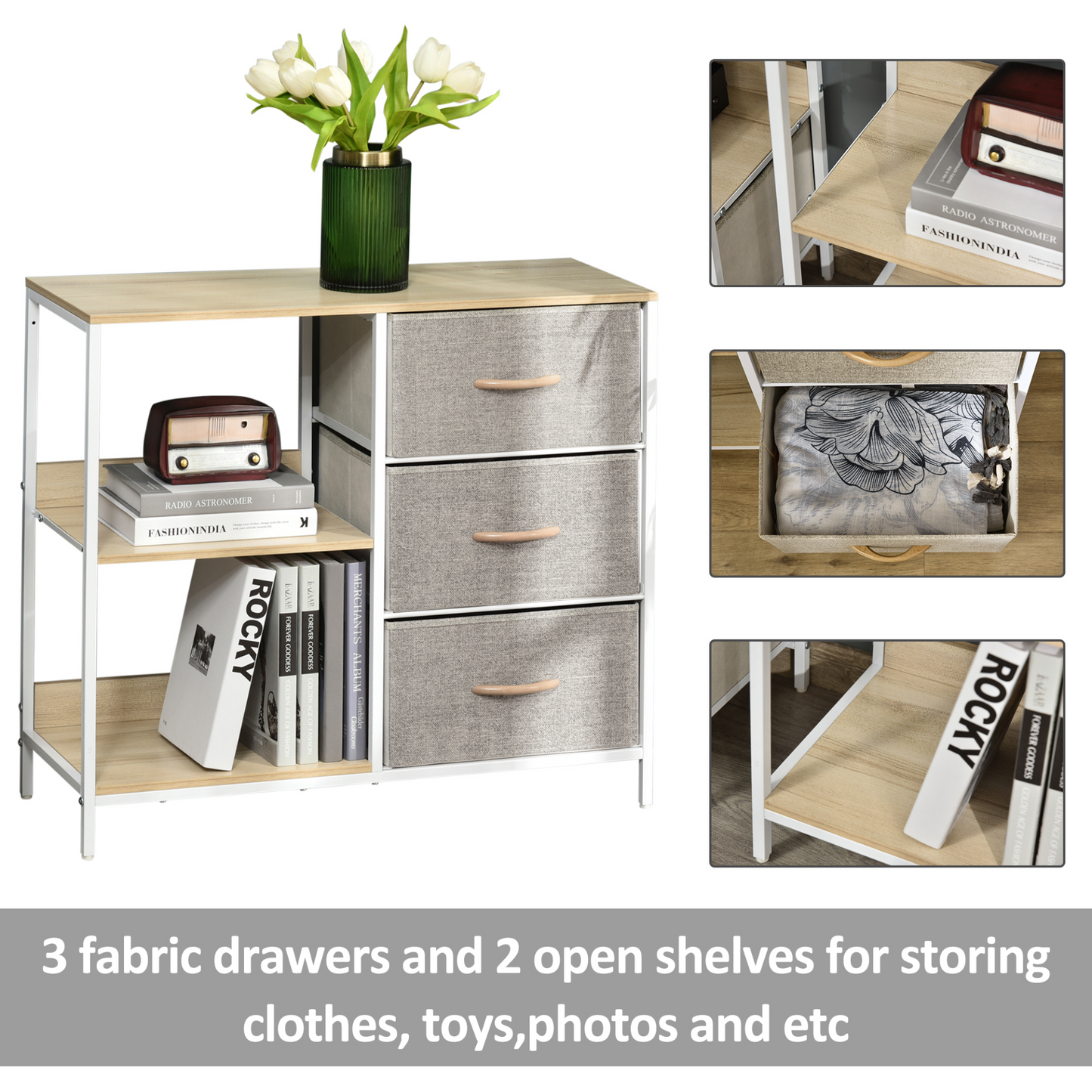 HOMCOM Beige Chest of Drawers Storage Dresser Cabinet Organizer - 3 Fabric Drawers & 2 Display Shelves for Living Room, Bedroom, Hallway - BEYRUN