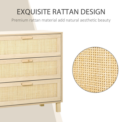 HOMCOM 3-Drawer Rattan Design Chest of Drawers – Stylish & Durable Storage Cabinet for Bedroom, Living Room, Closet, and Hallway - BEYRUN