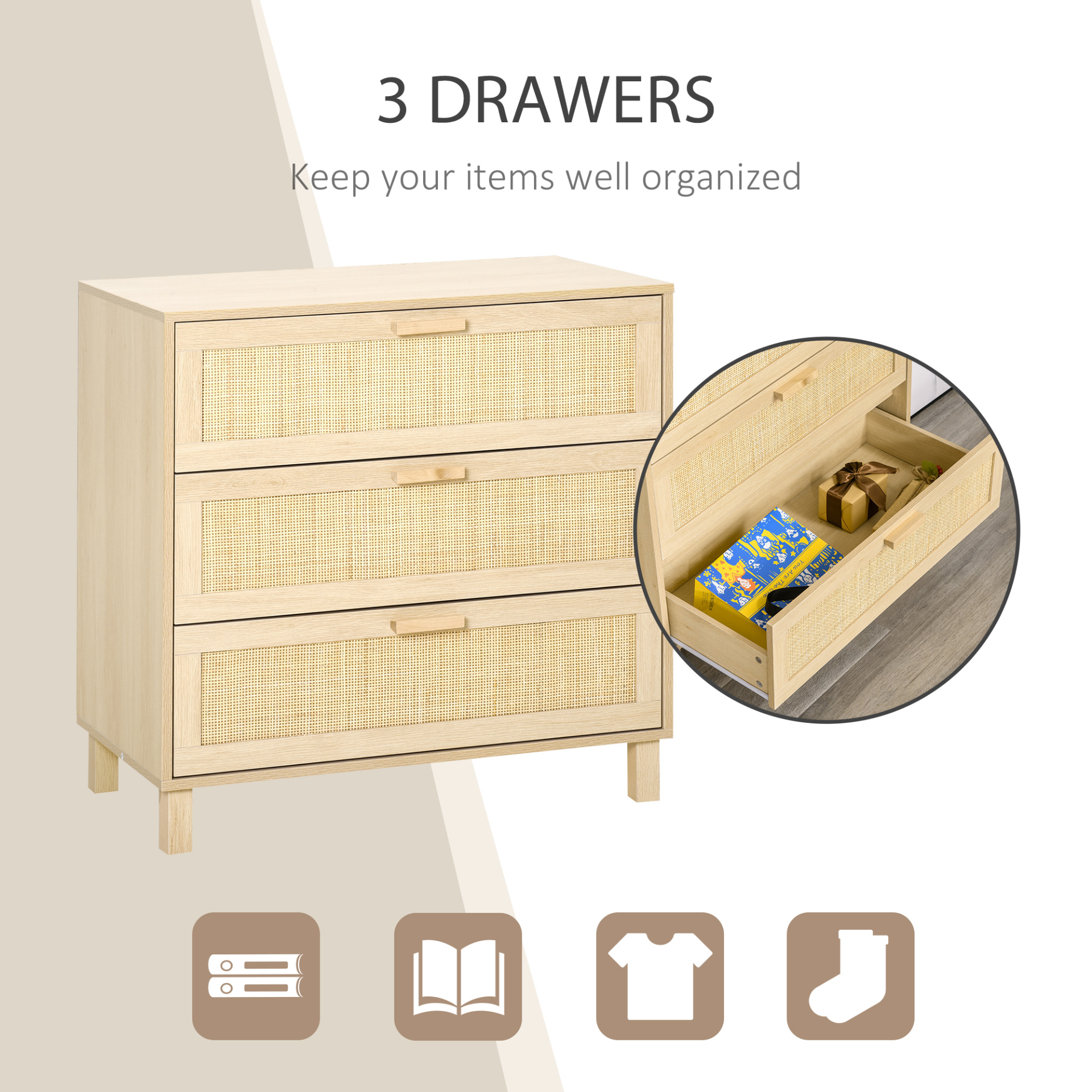 HOMCOM 3-Drawer Rattan Design Chest of Drawers – Stylish & Durable Storage Cabinet for Bedroom, Living Room, Closet, and Hallway - BEYRUN