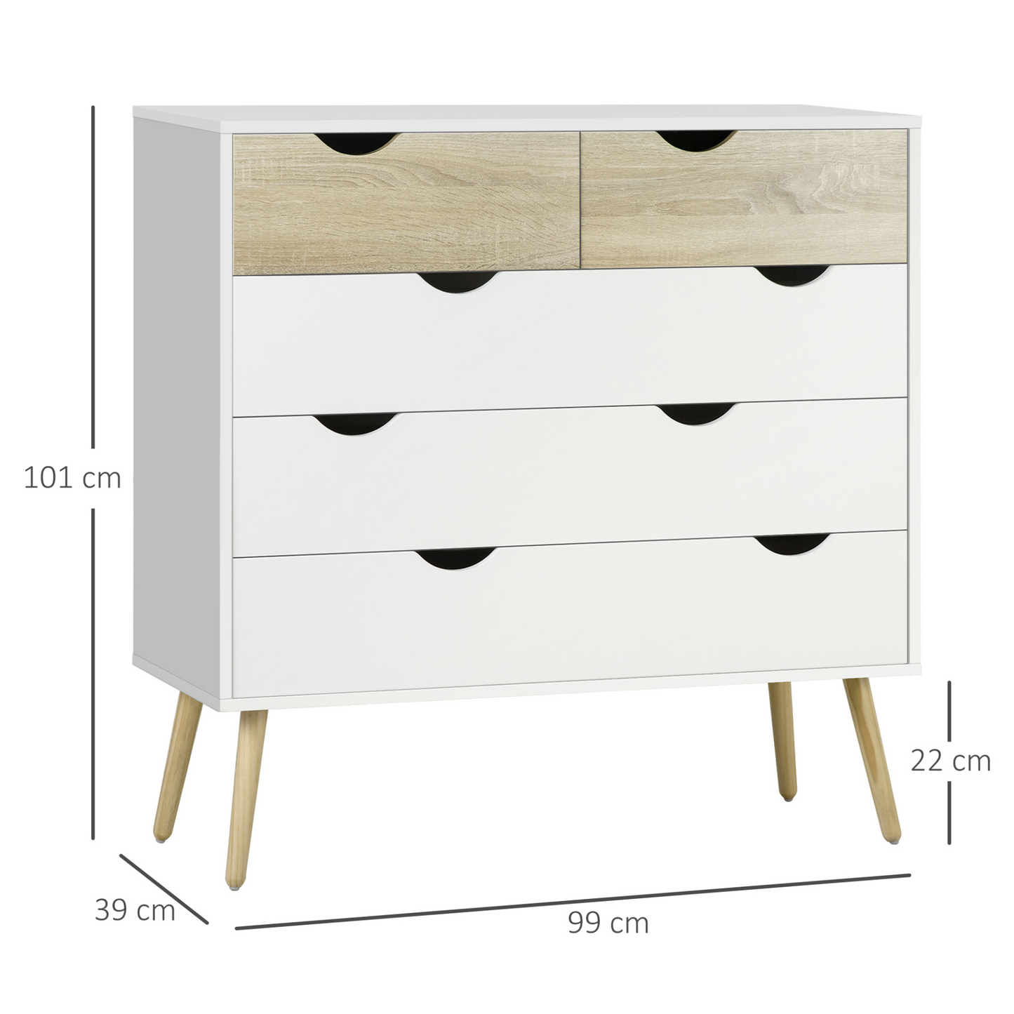 HOMCOM 5 Drawer Dresser - Chest of Drawers, Storage Organizer Side Cabinet for Bedroom & Living Room - BEYRUN