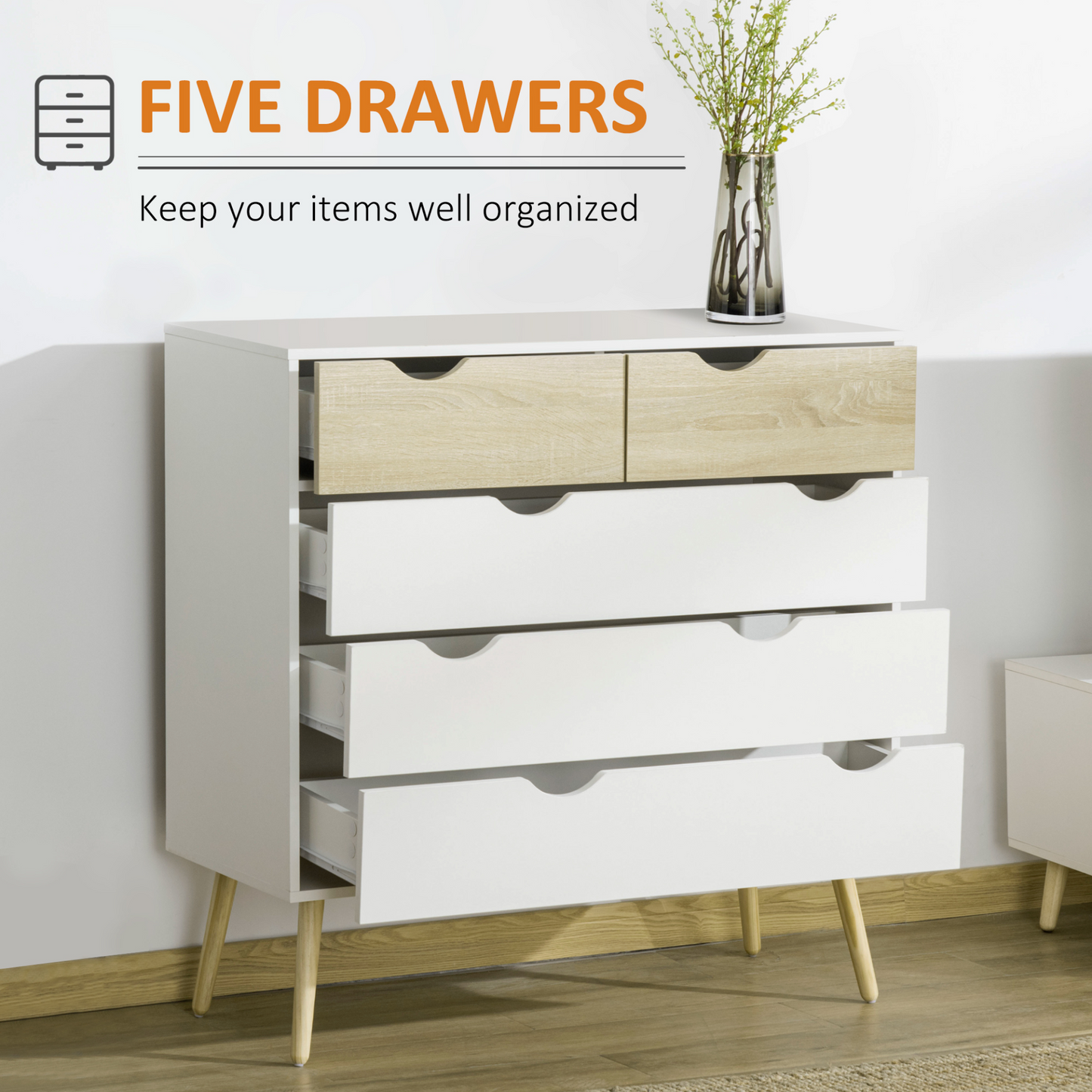 HOMCOM 5 Drawer Dresser - Chest of Drawers, Storage Organizer Side Cabinet for Bedroom & Living Room - BEYRUN