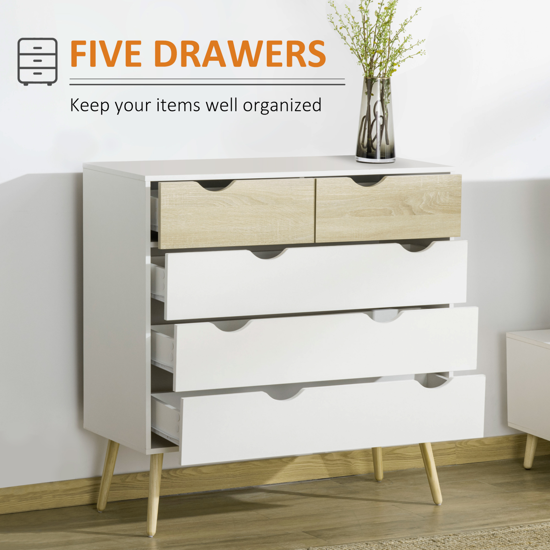 HOMCOM 5 Drawer Dresser - Chest of Drawers, Storage Organizer Side Cabinet for Bedroom & Living Room - BEYRUN