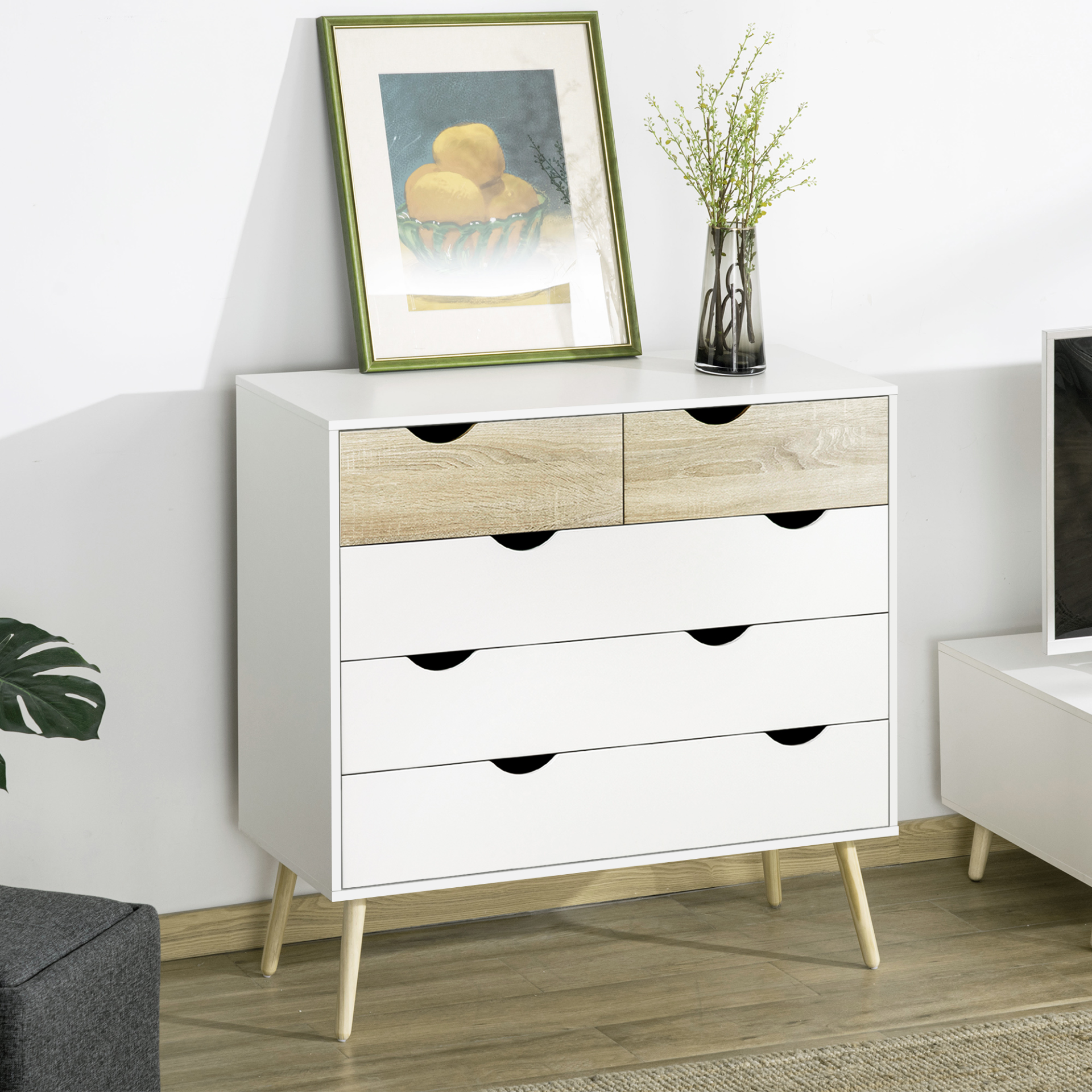 HOMCOM 5 Drawer Dresser - Chest of Drawers, Storage Organizer Side Cabinet for Bedroom & Living Room - BEYRUN