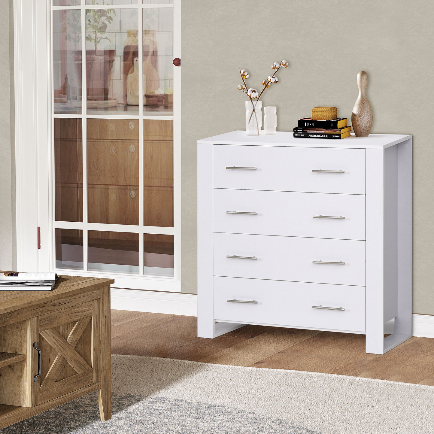 HOMCOM 4-Drawer Storage Cabinet - Stylish & Spacious Unit for Bedroom & Living Room - White - BEYRUN