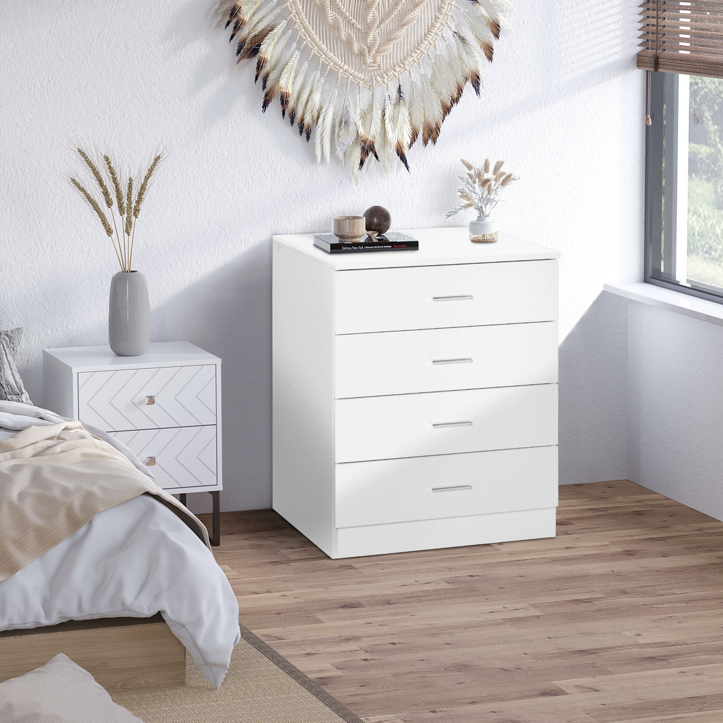 HOMCOM 4-Drawer Chest of Drawers - Elegant White Storage Cabinet with Anti-Tip Design for Playroom, Nursery, and Hallway - BEYRUN