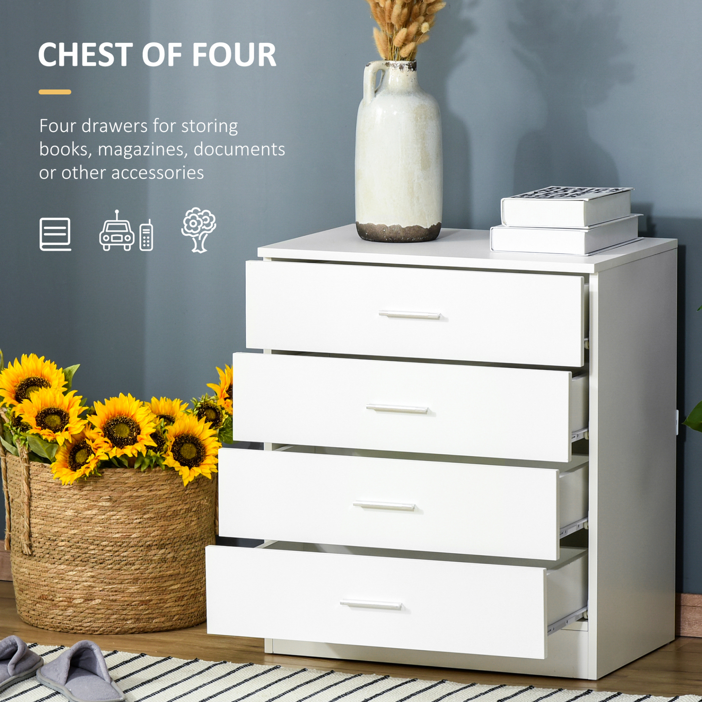 HOMCOM 4-Drawer Chest of Drawers - Elegant White Storage Cabinet with Anti-Tip Design for Playroom, Nursery, and Hallway - BEYRUN