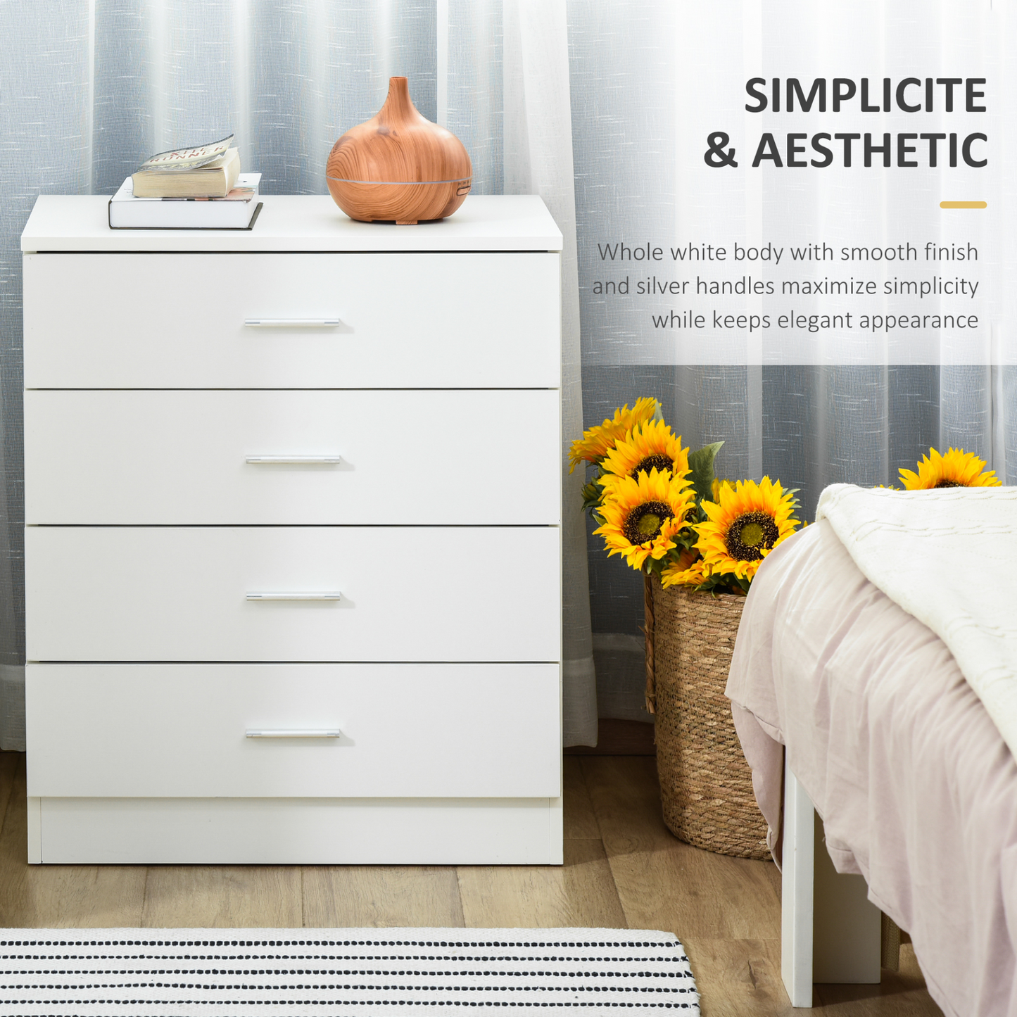 HOMCOM 4-Drawer Chest of Drawers - Elegant White Storage Cabinet with Anti-Tip Design for Playroom, Nursery, and Hallway - BEYRUN