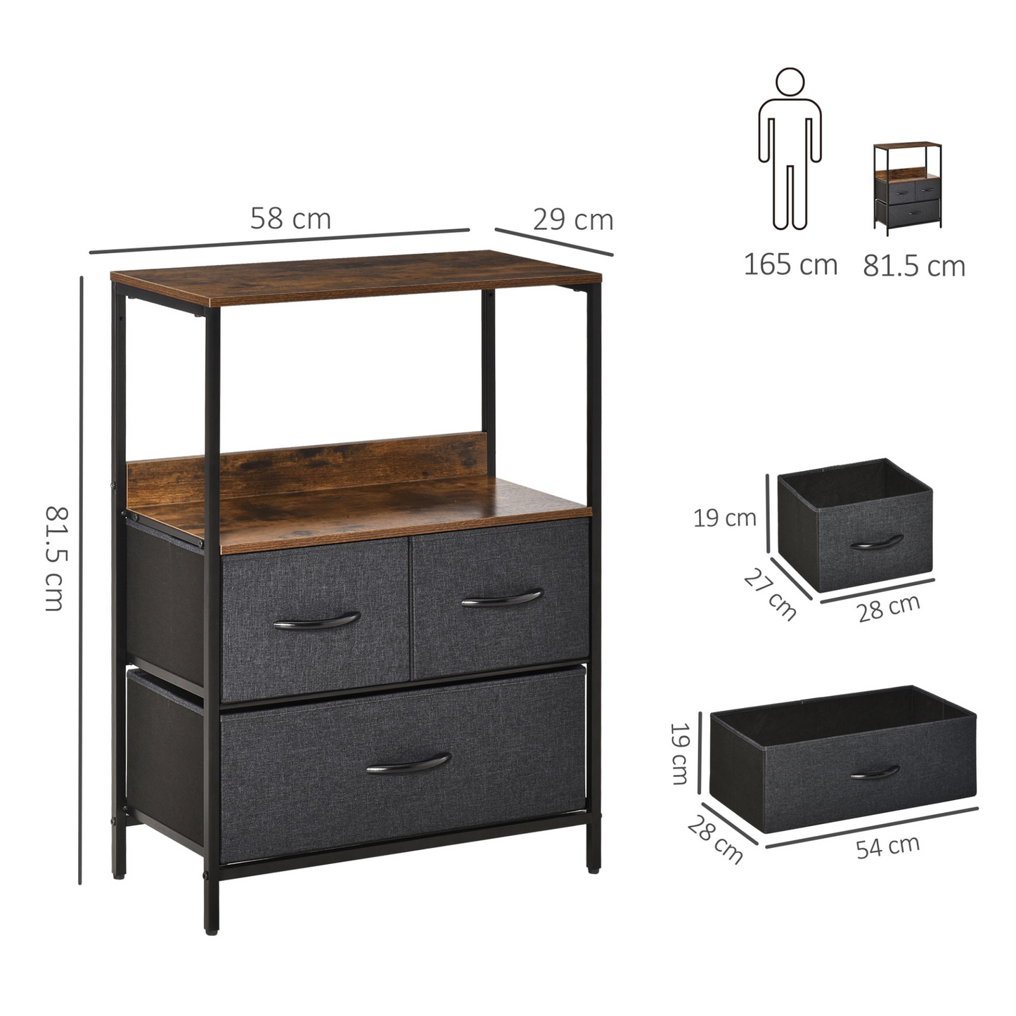 HOMCOM 3 Drawer Storage Chest Unit - Sleek Black Cabinet with Shelves for Living Room, Bedroom & Entryway - BEYRUN