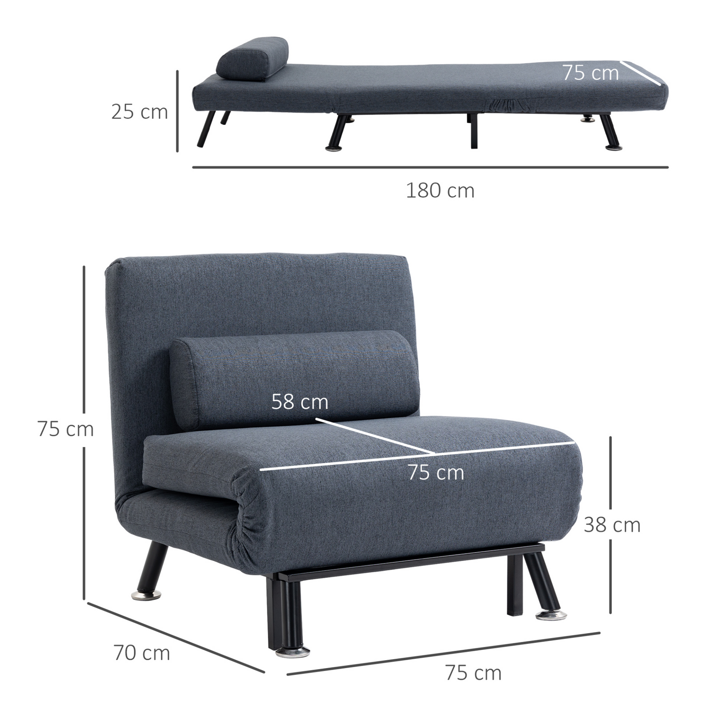 HOMCOM Single Sofa Bed Sleeper - Foldable & Portable Lounge Couch for Living Room Furniture, Dark Grey - BEYRUN