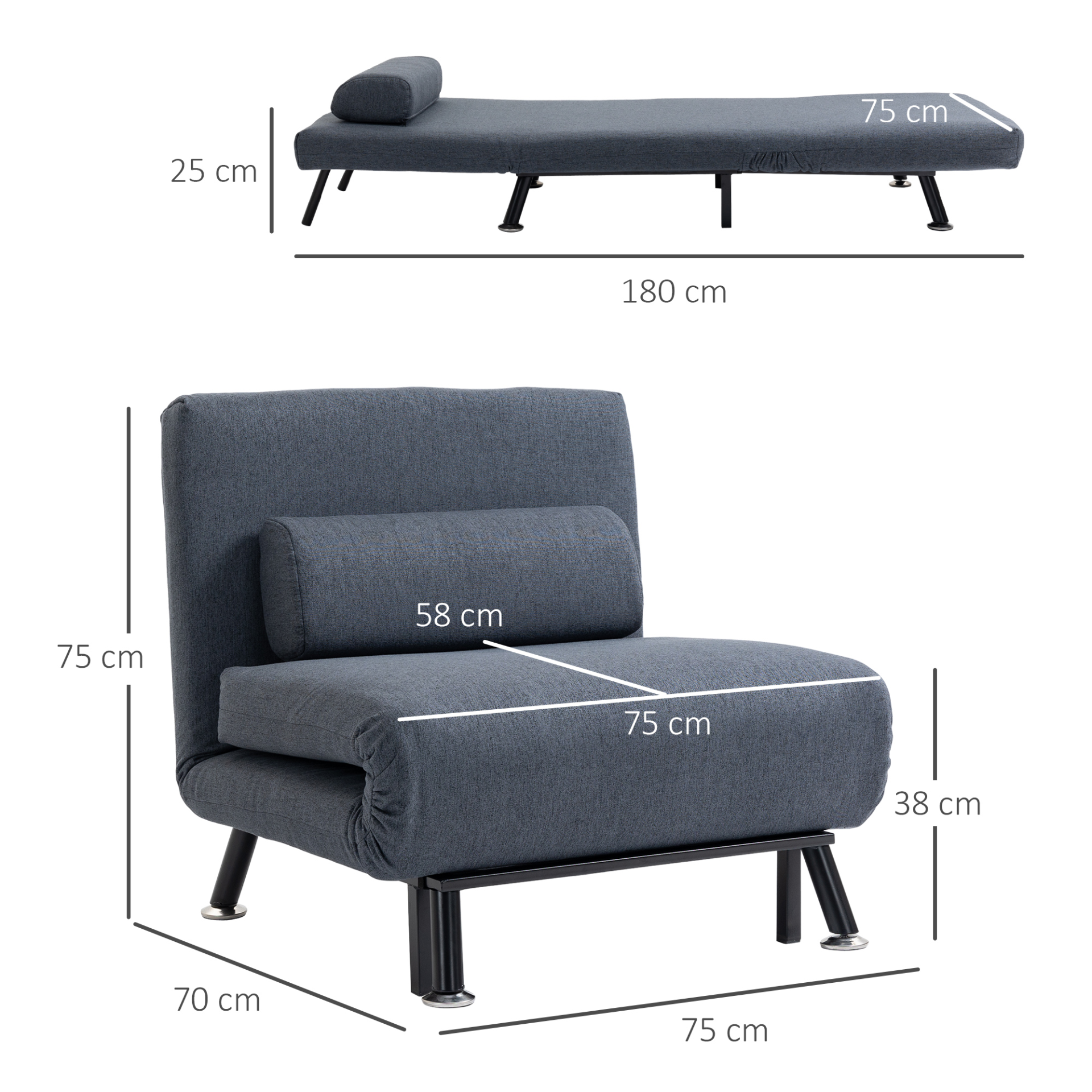 HOMCOM Single Sofa Bed Sleeper - Foldable & Portable Lounge Couch for Living Room Furniture, Dark Grey - BEYRUN