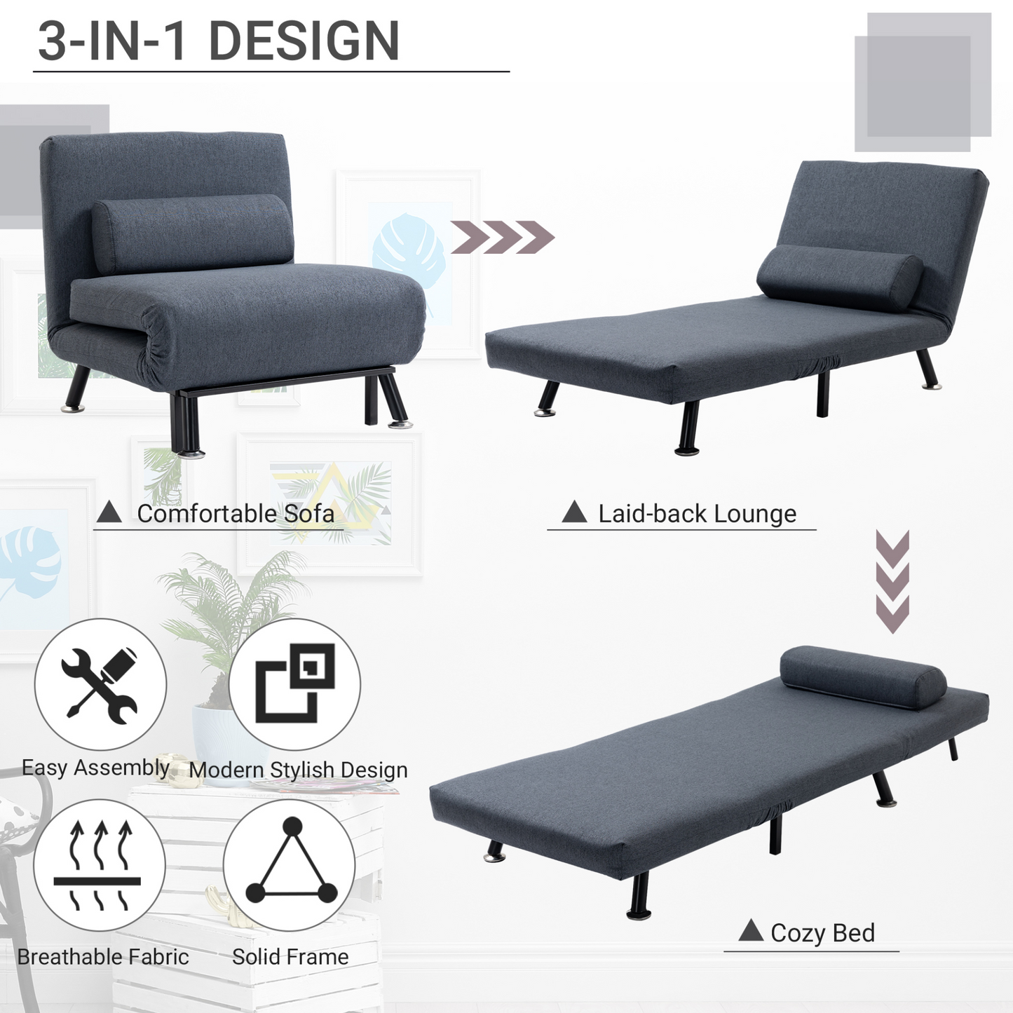 HOMCOM Single Sofa Bed Sleeper - Foldable & Portable Lounge Couch for Living Room Furniture, Dark Grey - BEYRUN