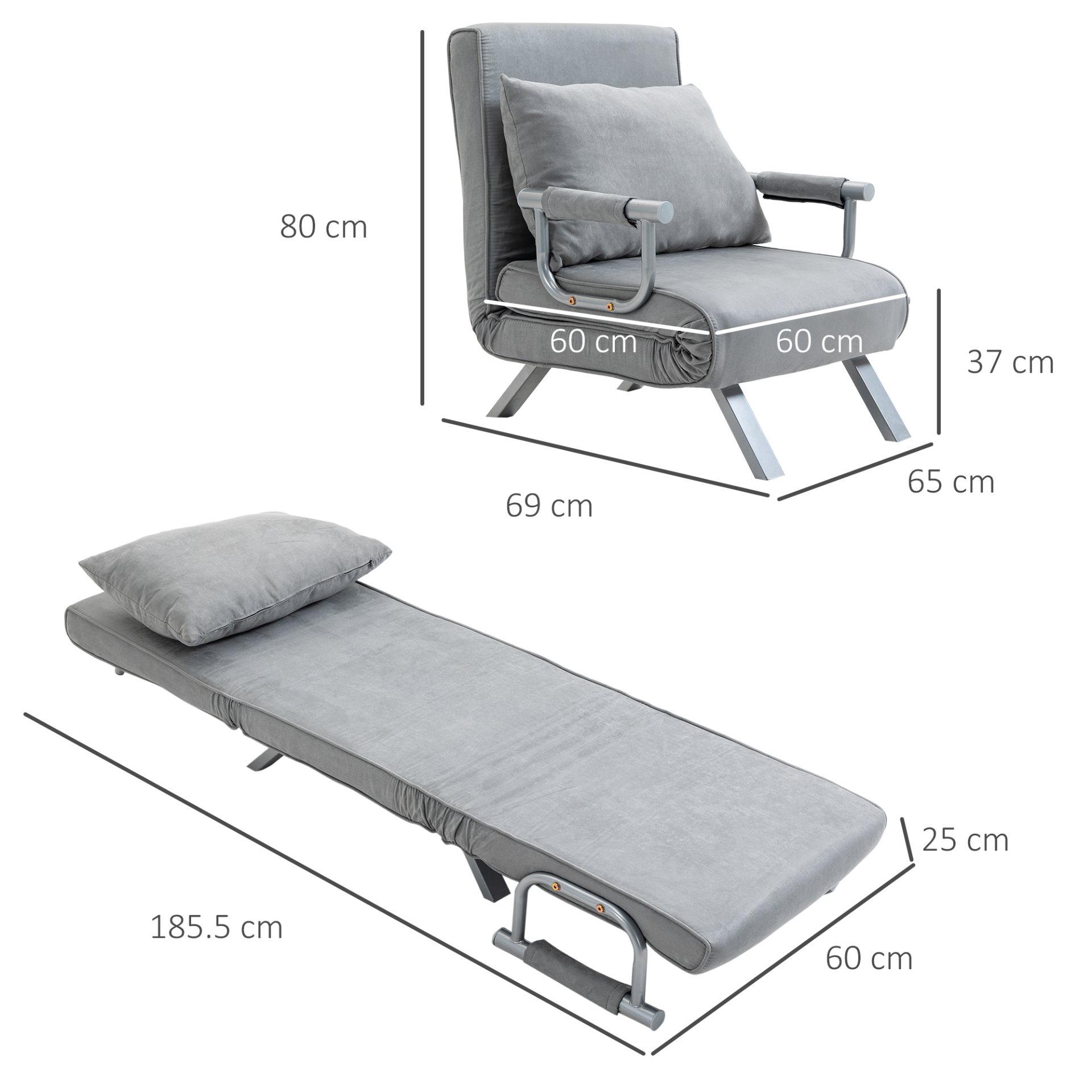 HOMCOM Modern 2-In-1 Sofa Bed Sleeper - Foldable Armchair Bed with Pillow, Light Grey - BEYRUN