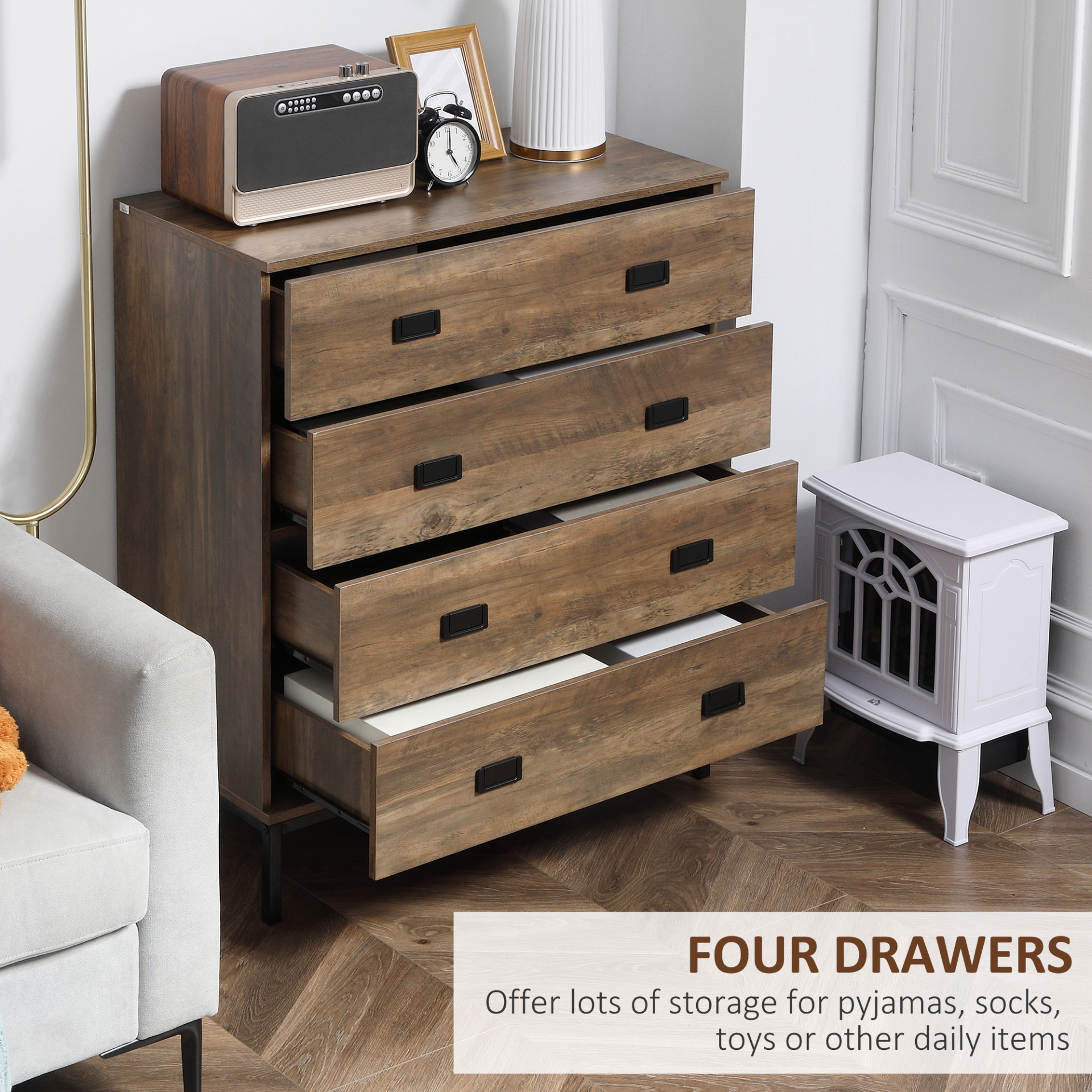 HOMCOM 4-Drawer Chest of Drawers, Rustic Metal Frame Storage Organizer for Bedroom & Living Room, Brown - BEYRUN