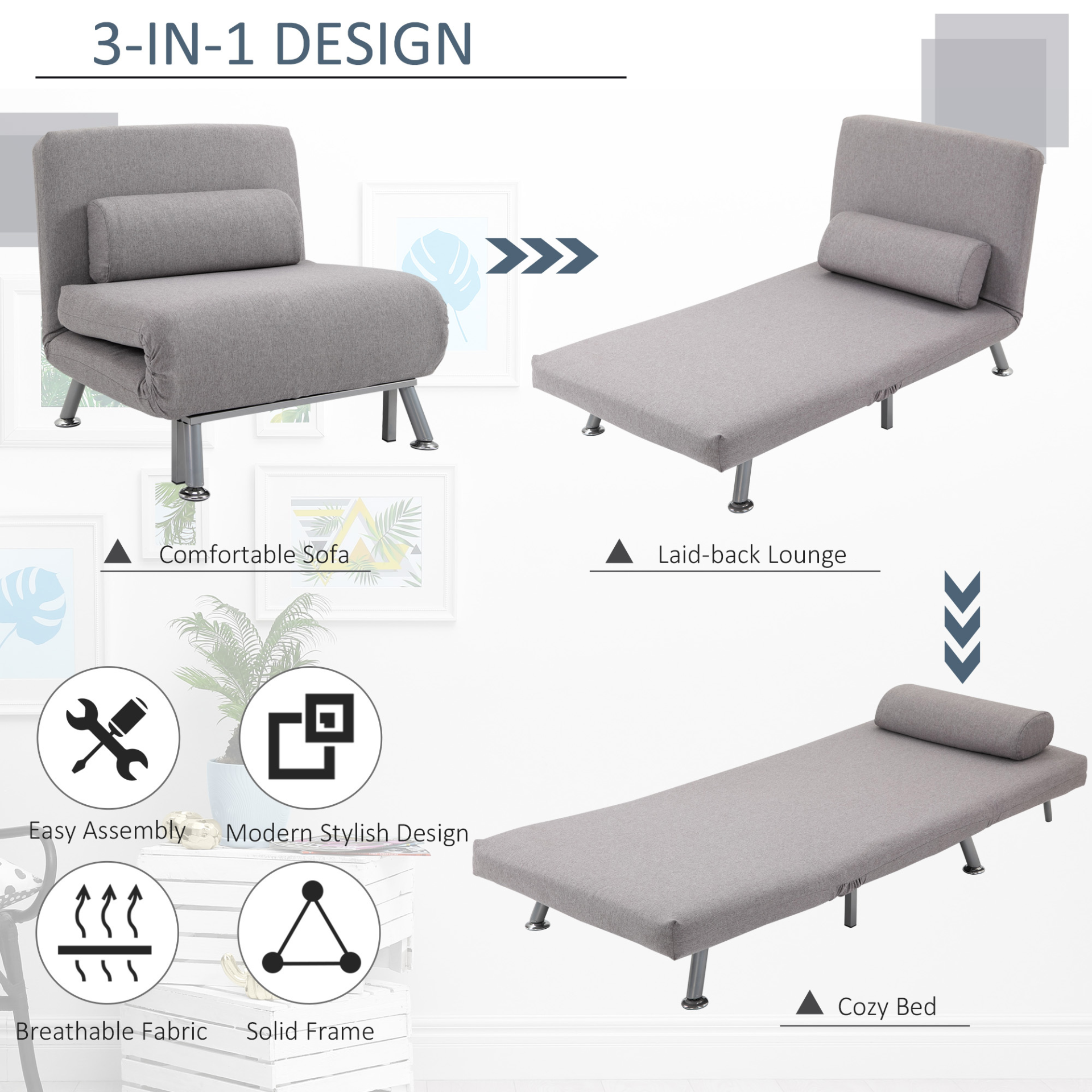 HOMCOM Grey Single Sofa Bed Sleeper - Foldable & Portable Furniture for Living Room - BEYRUN