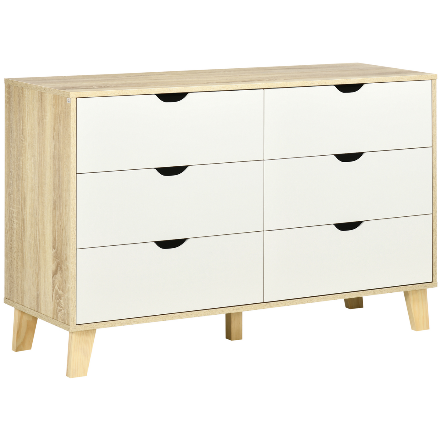 HOMCOM 6-Drawer Chest of Drawers - Sleek Scandinavian Storage Unit with Wood Legs, Ideal for Bedroom & Living Room, White & Light Brown - BEYRUN