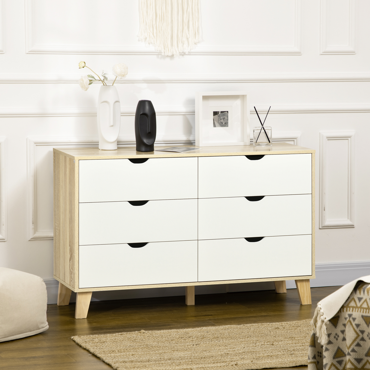 HOMCOM 6-Drawer Chest of Drawers - Sleek Scandinavian Storage Unit with Wood Legs, Ideal for Bedroom & Living Room, White & Light Brown - BEYRUN