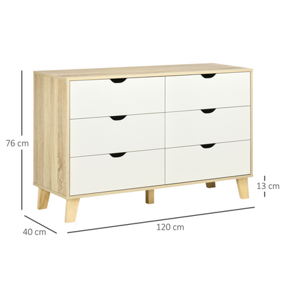 HOMCOM 6-Drawer Chest of Drawers - Sleek Scandinavian Storage Unit with Wood Legs, Ideal for Bedroom & Living Room, White & Light Brown - BEYRUN