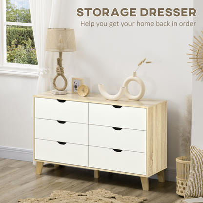 HOMCOM 6-Drawer Chest of Drawers - Sleek Scandinavian Storage Unit with Wood Legs, Ideal for Bedroom & Living Room, White & Light Brown - BEYRUN