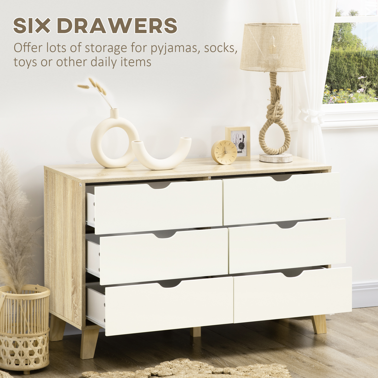 HOMCOM 6-Drawer Chest of Drawers - Sleek Scandinavian Storage Unit with Wood Legs, Ideal for Bedroom & Living Room, White & Light Brown - BEYRUN