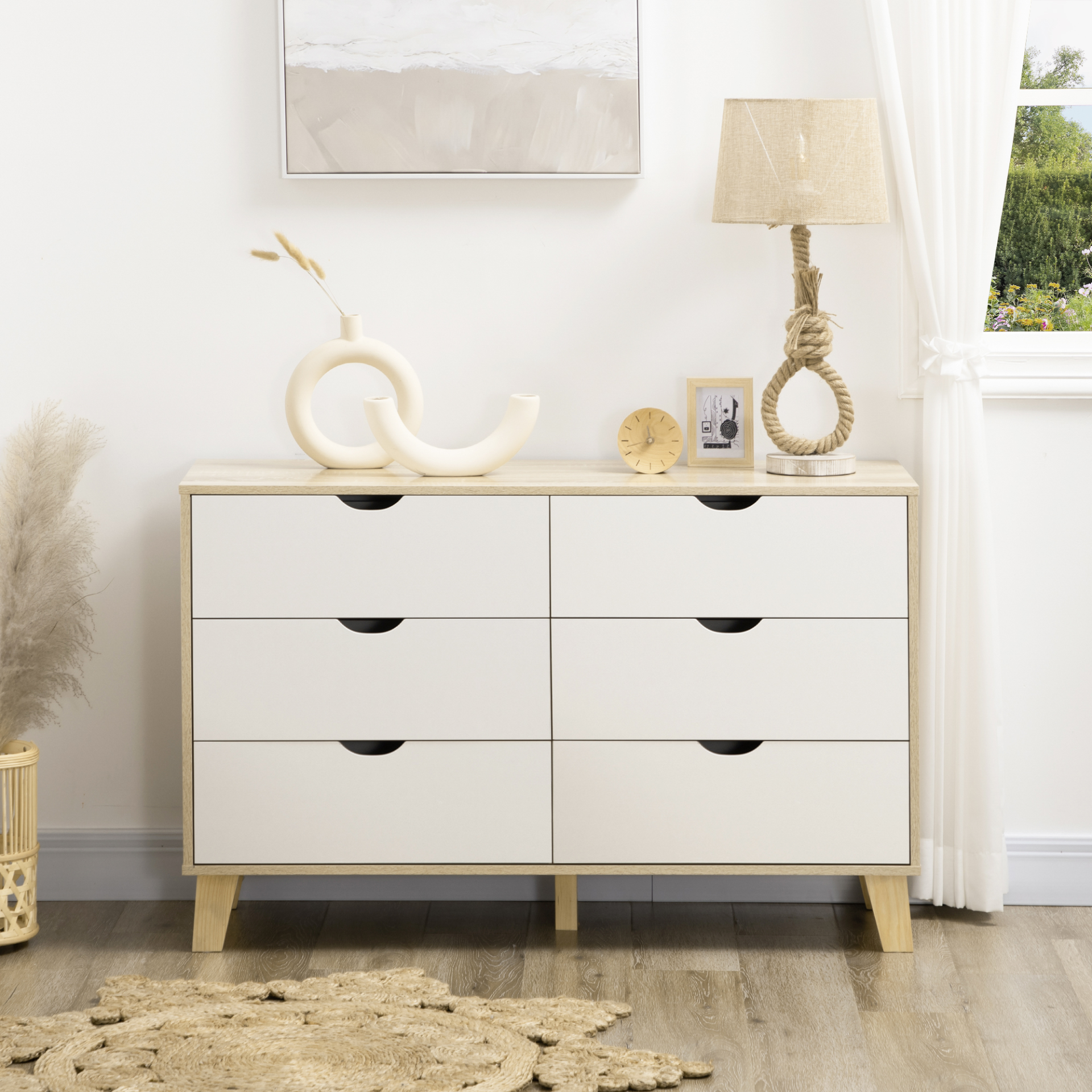 HOMCOM 6-Drawer Chest of Drawers - Sleek Scandinavian Storage Unit with Wood Legs, Ideal for Bedroom & Living Room, White & Light Brown - BEYRUN