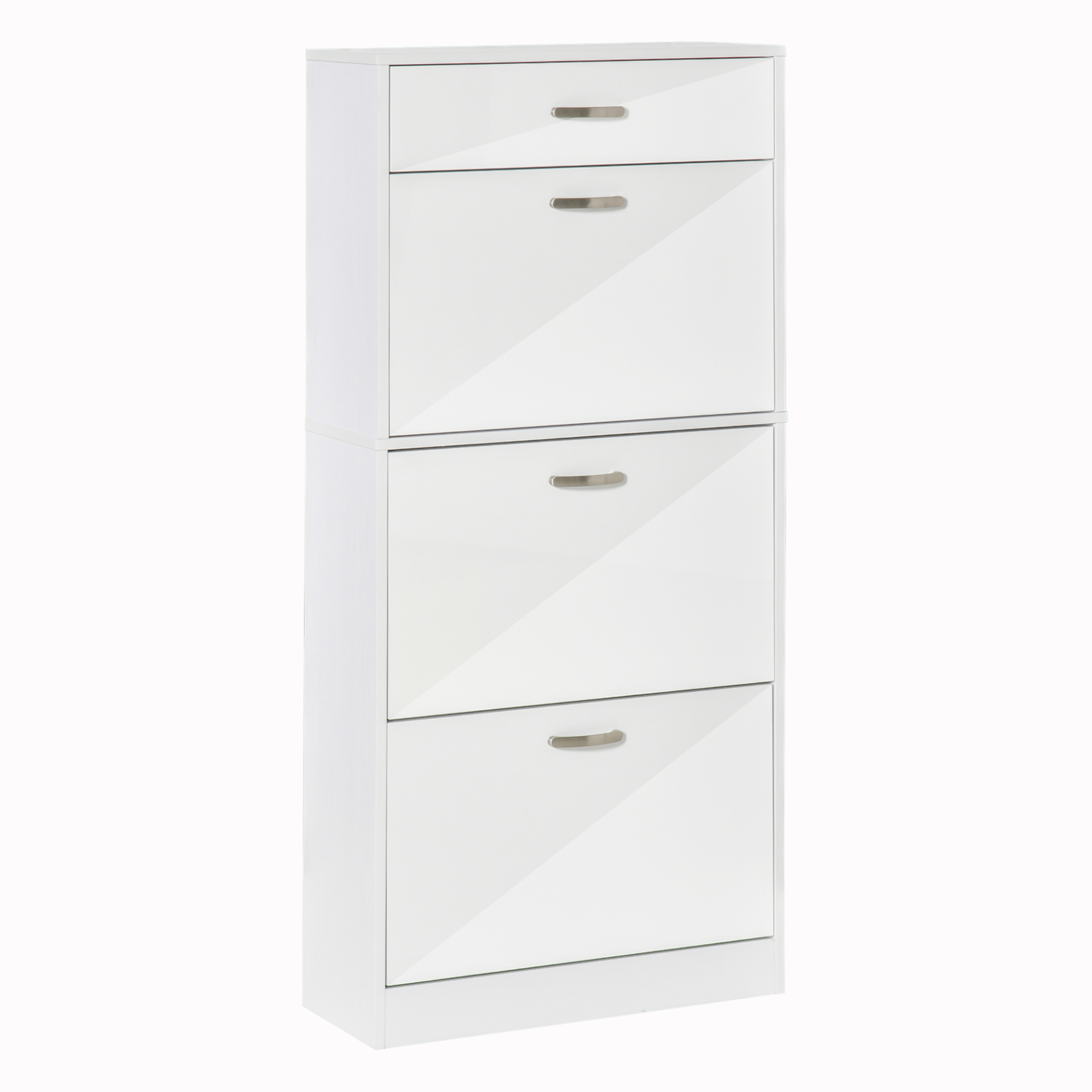 HOMCOM High Gloss Shoe Cabinet with 4 Drawers | Adjustable Shelves | Flip Doors for 18 Pairs - White - BEYRUN