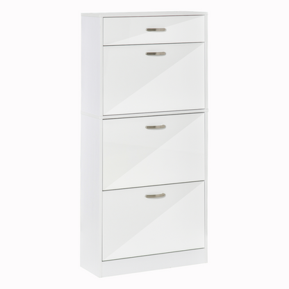 HOMCOM High Gloss Shoe Cabinet with 4 Drawers | Adjustable Shelves | Flip Doors for 18 Pairs - White - BEYRUN