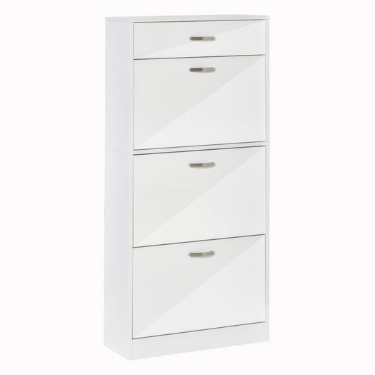 HOMCOM High Gloss Shoe Cabinet with 4 Drawers | Adjustable Shelves | Flip Doors for 18 Pairs - White - BEYRUN