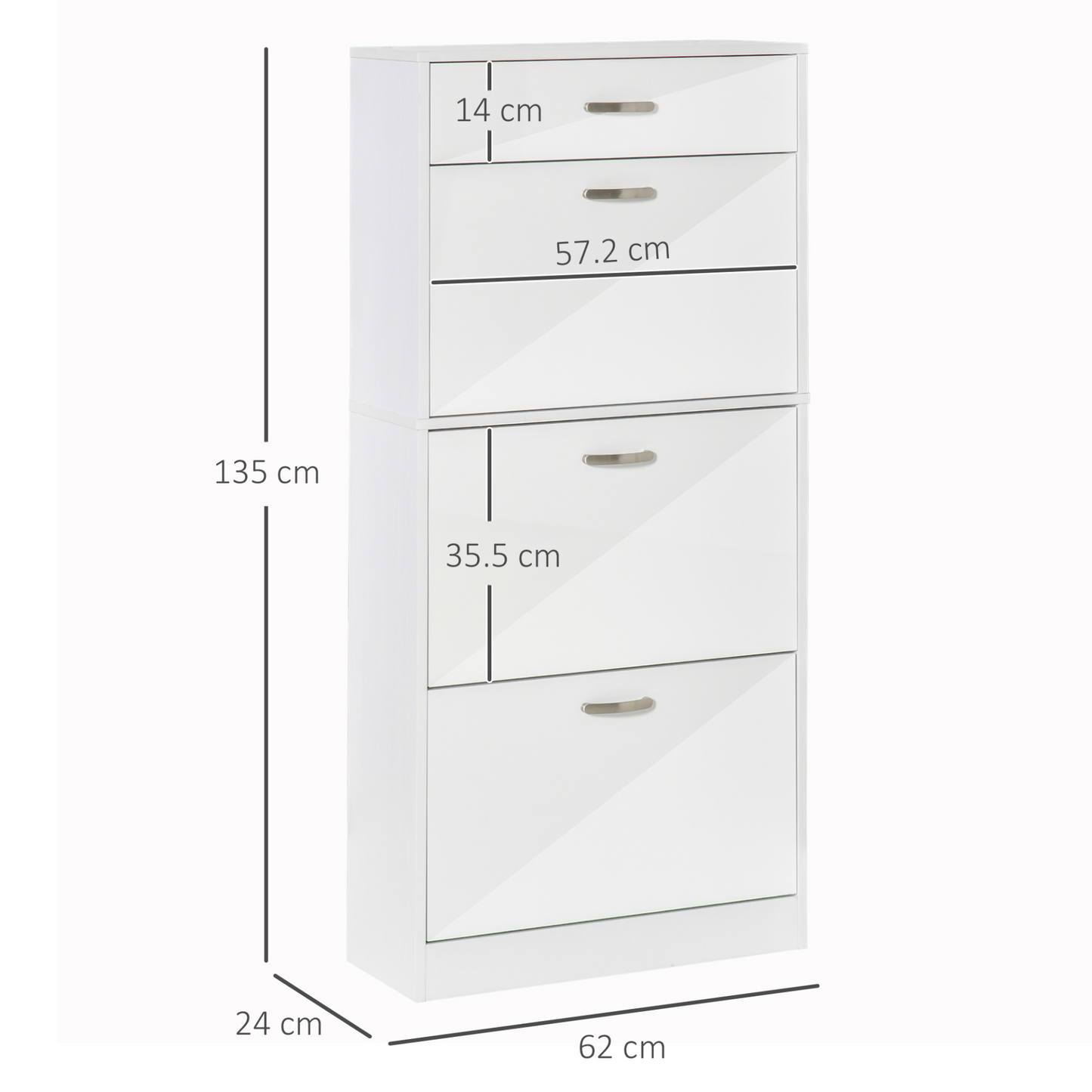 HOMCOM High Gloss Shoe Cabinet with 4 Drawers | Adjustable Shelves | Flip Doors for 18 Pairs - White - BEYRUN