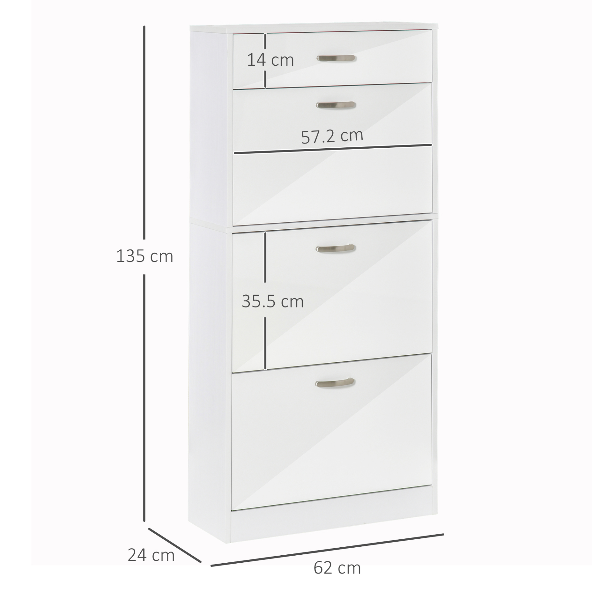 HOMCOM High Gloss Shoe Cabinet with 4 Drawers | Adjustable Shelves | Flip Doors for 18 Pairs - White - BEYRUN