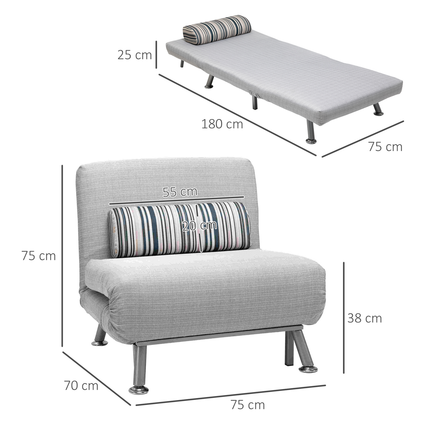 HOMCOM Convertible Single Sofa Bed - Multi-Function, Space-Saving 1 Person Sleeper with Adjustable Back and Pillow, Grey - BEYRUN