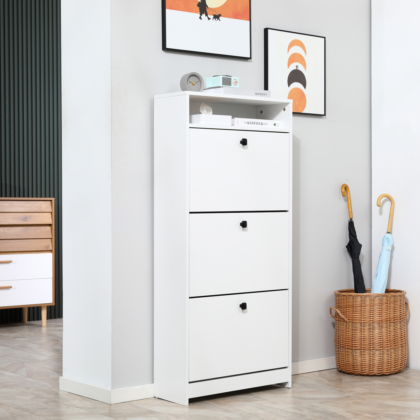 HOMCOM Space-saving White Shoe Storage Cabinet with 3 Drawers for Hallway Footwear Organization - BEYRUN