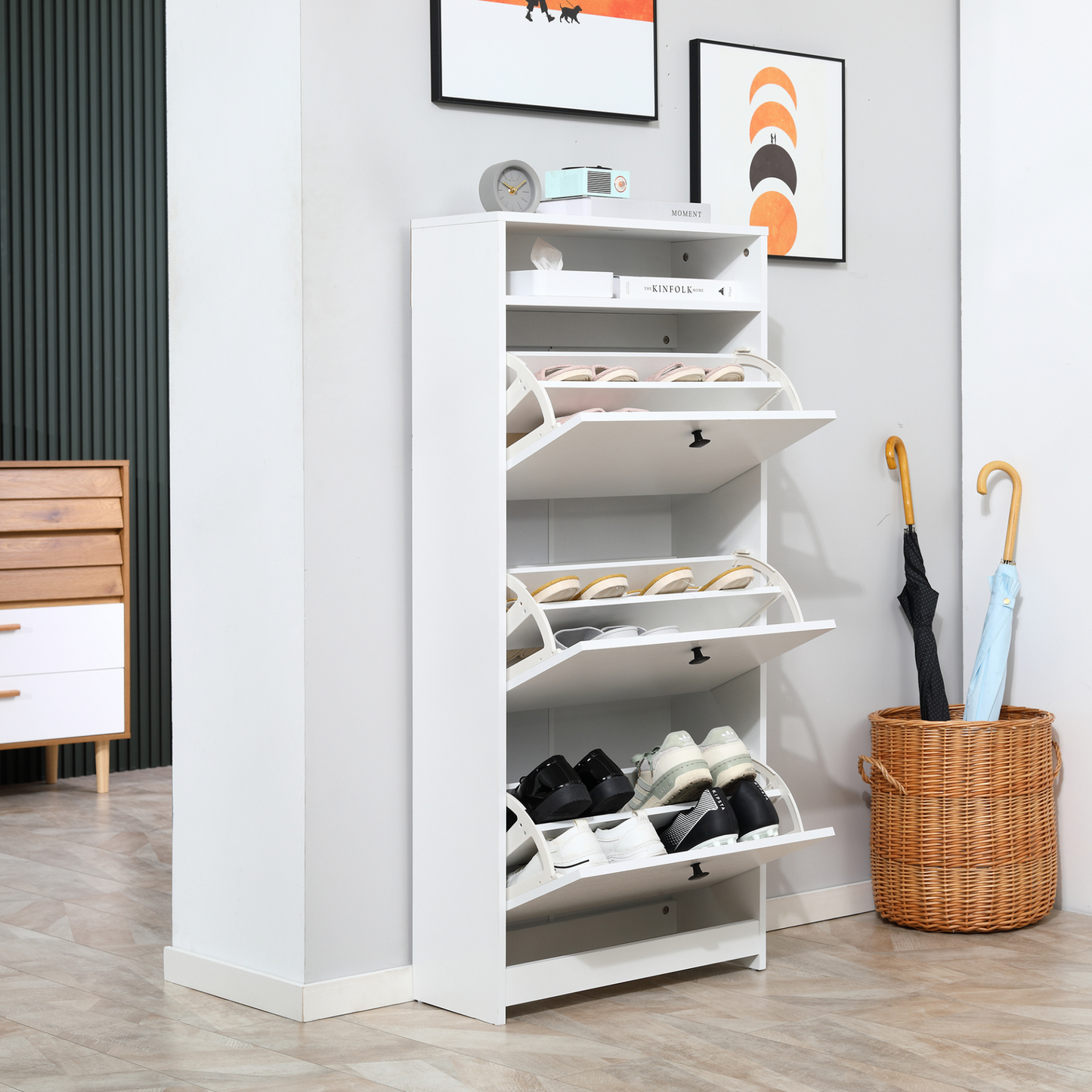 HOMCOM Space-saving White Shoe Storage Cabinet with 3 Drawers for Hallway Footwear Organization - BEYRUN