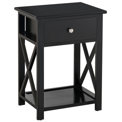 HOMCOM Black End Table with Drawer and X Bar Storage Shelf - Stylish Side Table for Bedroom and Living Room - BEYRUN