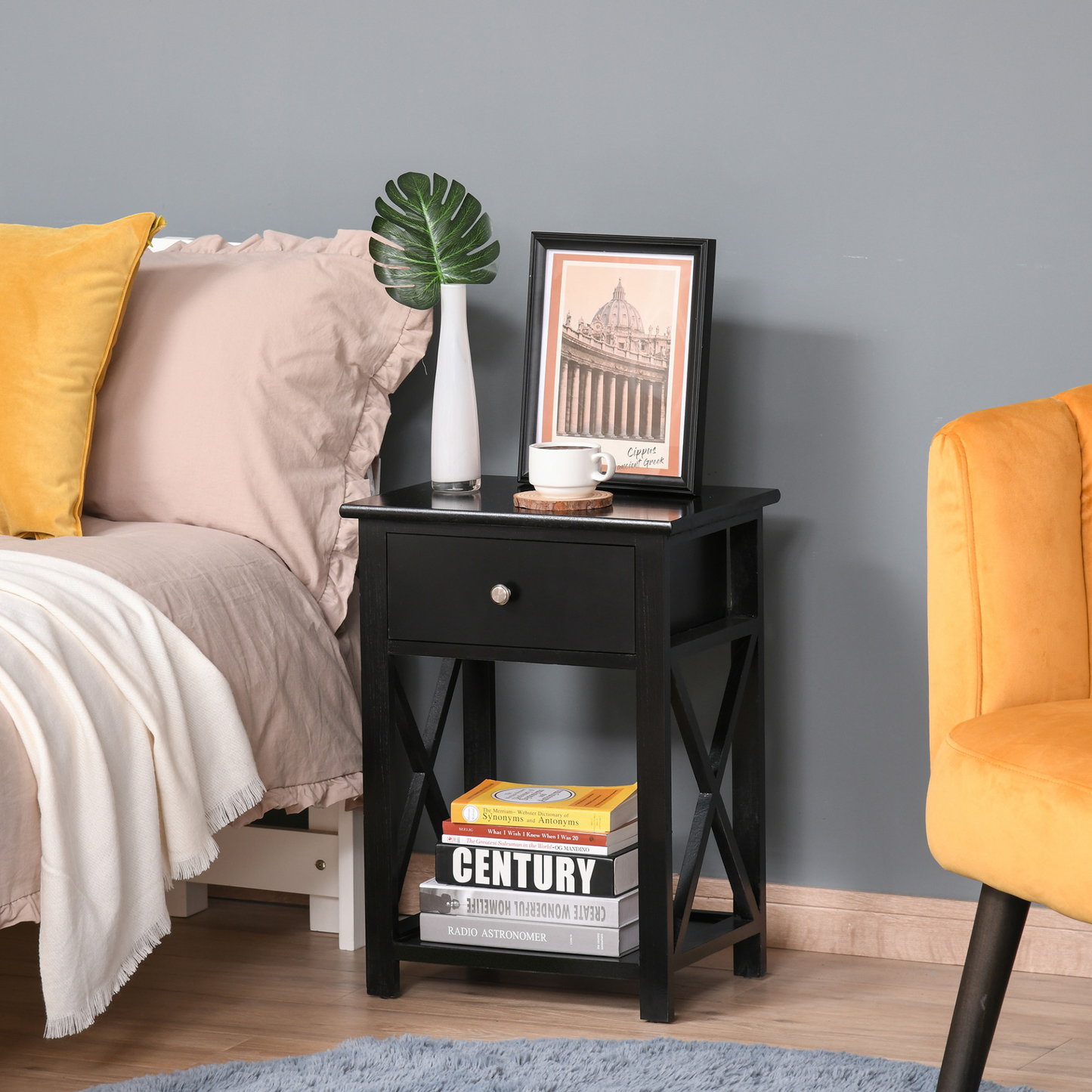 HOMCOM Black End Table with Drawer and X Bar Storage Shelf - Stylish Side Table for Bedroom and Living Room - BEYRUN