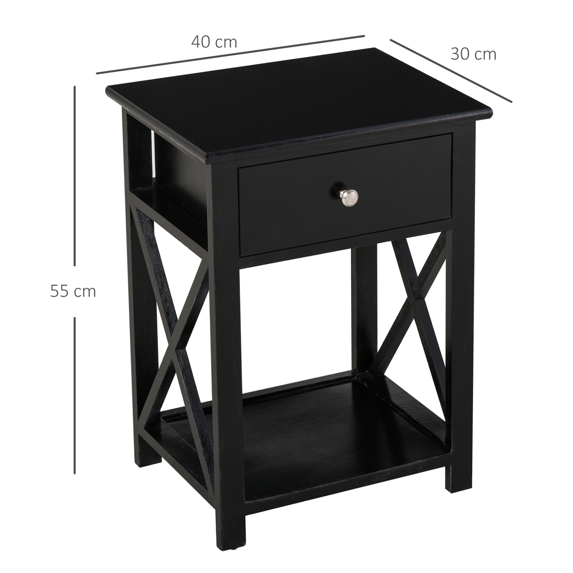 HOMCOM Black End Table with Drawer and X Bar Storage Shelf - Stylish Side Table for Bedroom and Living Room - BEYRUN