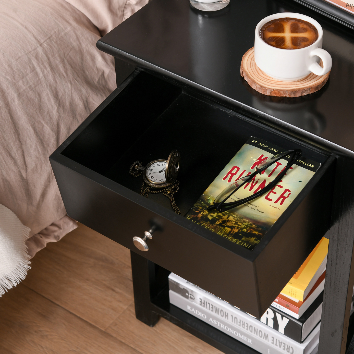 HOMCOM Black End Table with Drawer and X Bar Storage Shelf - Stylish Side Table for Bedroom and Living Room - BEYRUN