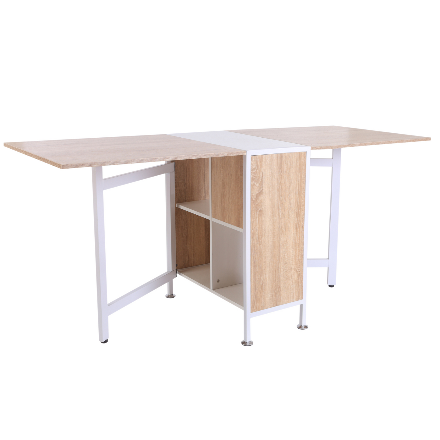 HOMCOM Space-Saving Foldable Drop Leaf Dining Table & Workstation with Storage Shelves - Oak & White Finish - BEYRUN