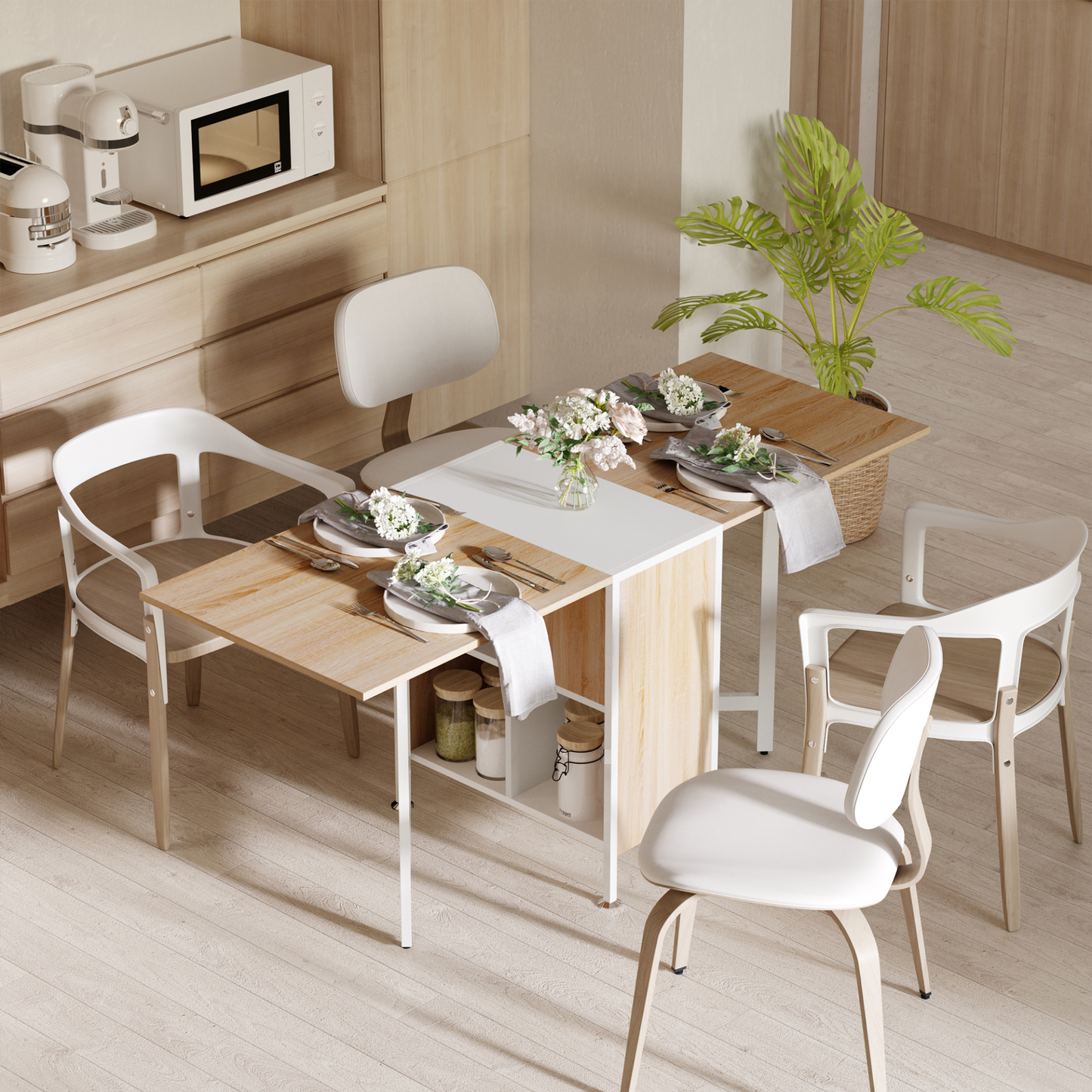 HOMCOM Space-Saving Foldable Drop Leaf Dining Table & Workstation with Storage Shelves - Oak & White Finish - BEYRUN