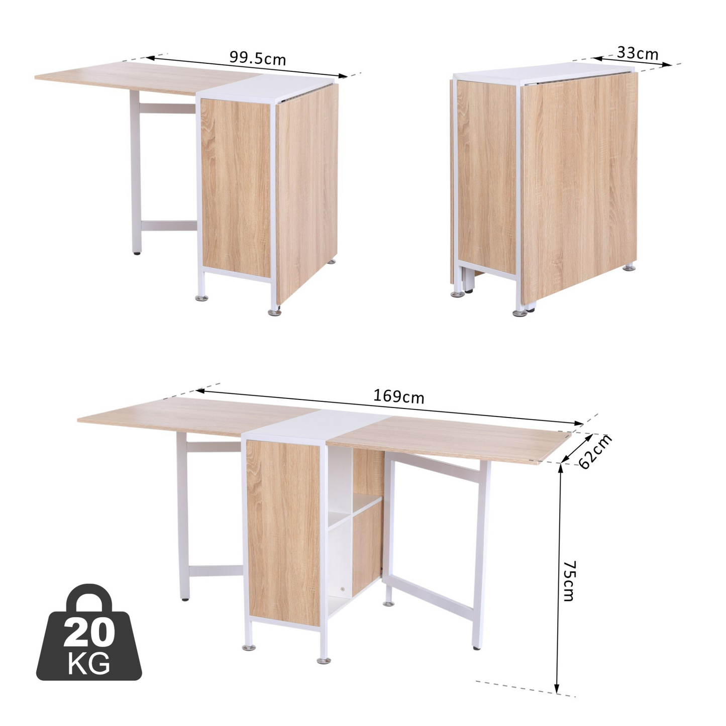 HOMCOM Space-Saving Foldable Drop Leaf Dining Table & Workstation with Storage Shelves - Oak & White Finish - BEYRUN