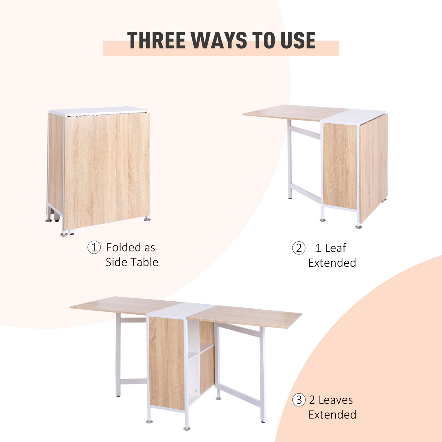 HOMCOM Space-Saving Foldable Drop Leaf Dining Table & Workstation with Storage Shelves - Oak & White Finish - BEYRUN