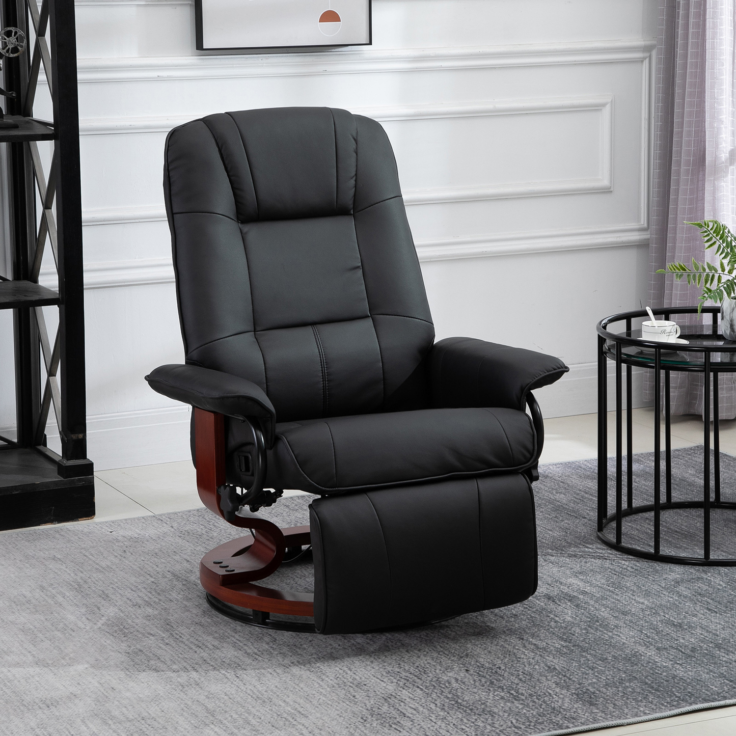 HOMCOM Manual Recliner Chair - Faux Leather Upholstered Armchair with Wooden Base for Living Room & Bedroom, Black - BEYRUN