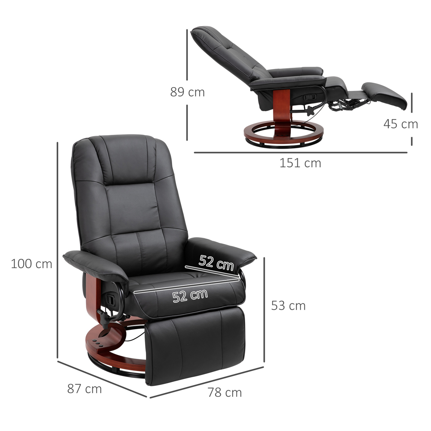 HOMCOM Manual Recliner Chair - Faux Leather Upholstered Armchair with Wooden Base for Living Room & Bedroom, Black - BEYRUN