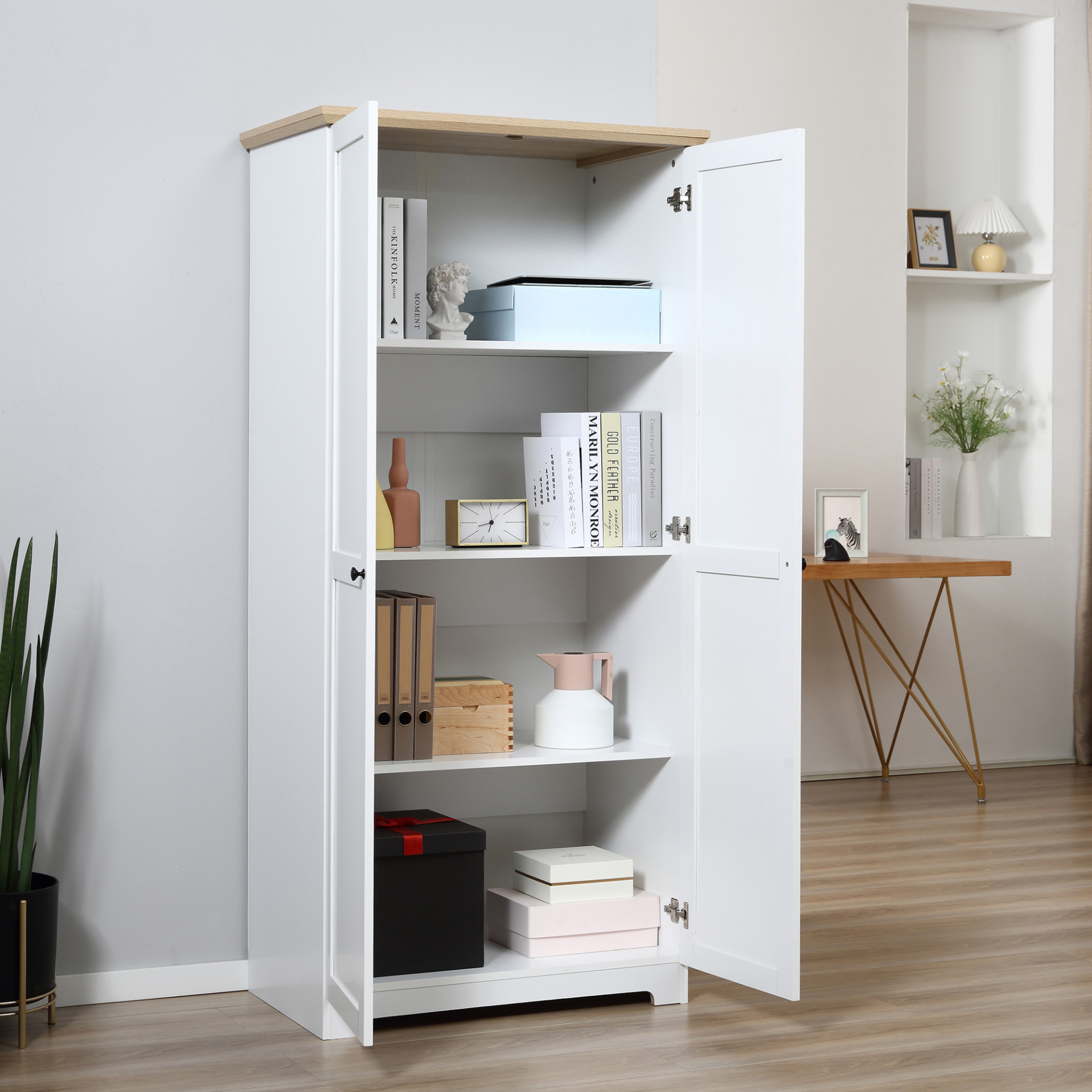 HOMCOM 172cm Wooden Kitchen Storage Cabinet - Versatile Cupboard with 2 Doors & 4 Shelves - White - BEYRUN