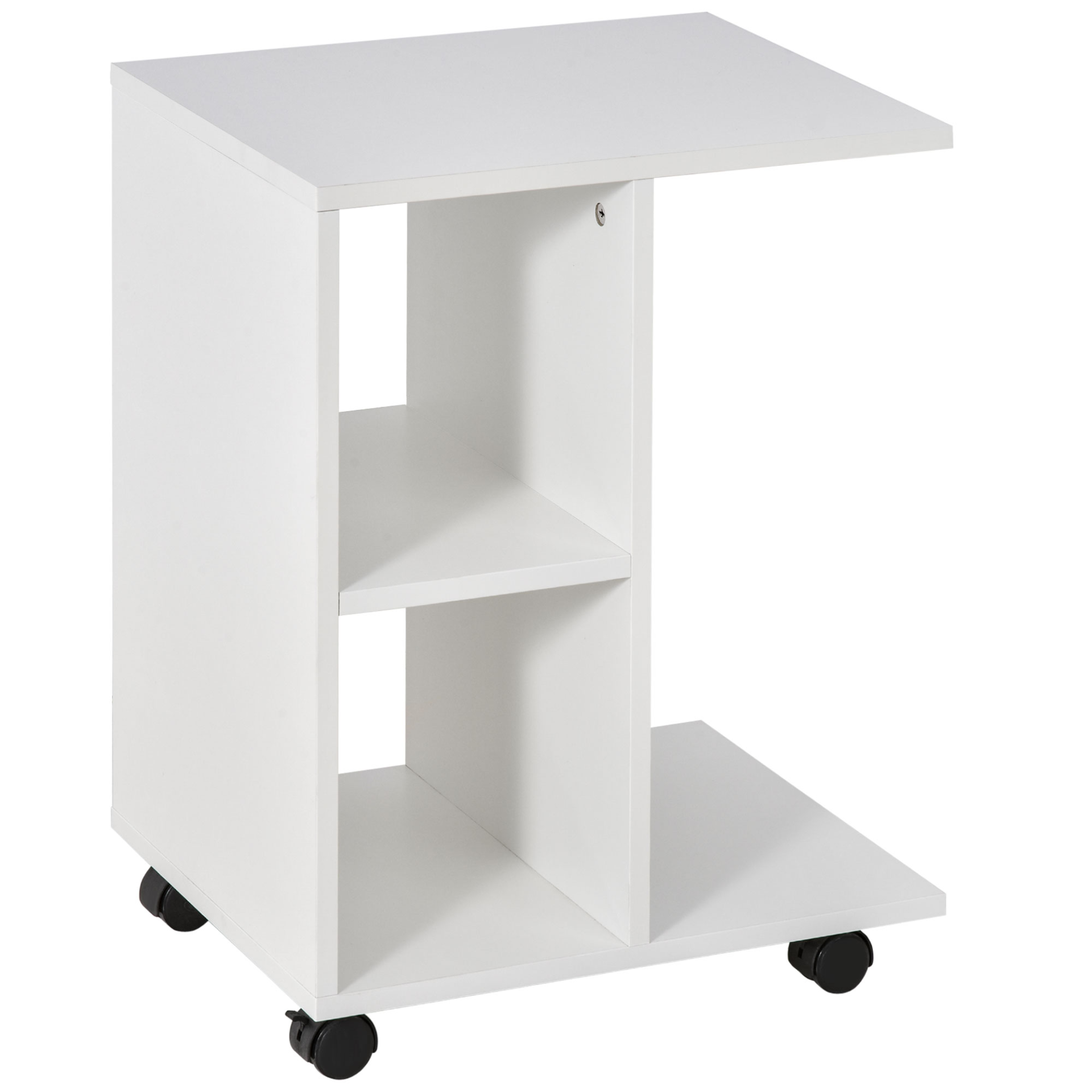 HOMCOM C-Shape End Table with Unique Storage, 2 Shelves, 4 Wheels – Stylish White Home Office Furniture Organizer - BEYRUN